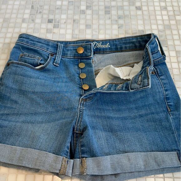 Universal Thread Blue High Rise Jean Shorts with Rolled Hem and Button Fly - Picture 3 of 9